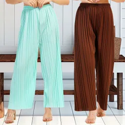 kwsh Pack of 2 Women Regular Fit Light Green, Brown Viscose Rayon Trousers-picture-32