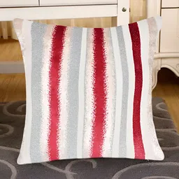 Tesmare Cream &Red 2 Pieces Striped Velvet Square Cushion Covers image 5