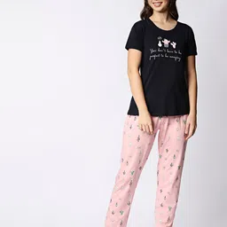 I like me Women Navy Blue & Peach-Coloured Printed Night Suit Set image 2