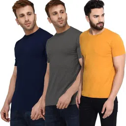 london hills Pack of 3 Men Solid Round Neck Pure Cotton Blue, Grey, Yellow T-Shirt image 4