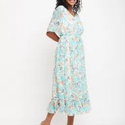 Bitterlime Floral Printed V-Neck Flared Sleeves Flounce Fit & Flare Midi Dress image 5