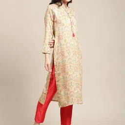 Varanga Cream-Coloured & Pink Floral Printed Mandarin Collar Woolen Straight Kurta image 2