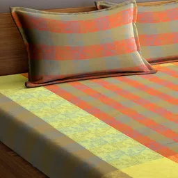 Arrabi Orange & Yellow Striped 300 TC King Cotton Bedsheet with 2 Pillow Covers image 2