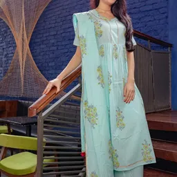 Lavanya The Label Women Blue & Green Hand Block Printed Kurta with Palazzos & Dupatta image 2