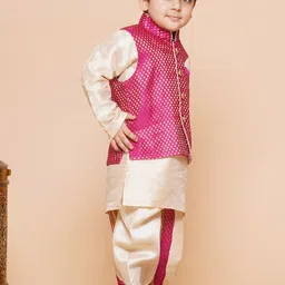 Aj DEZInES Boys Mandarin Collar Raw Silk Kurta with Dhoti Pants & Nehru jacket image 4