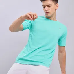 Men Solid Round Neck Polyester Light Blue T-Shirt-image-66
