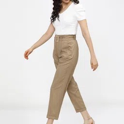 tokyo talkies Women Regular Fit Beige Cotton Blend Trousers image 5