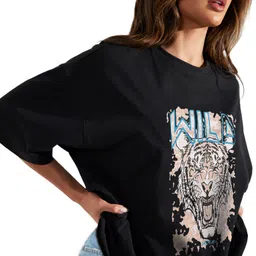 leotude Women Printed, Typography Round Neck Cotton Blend Black T-Shirt image 2