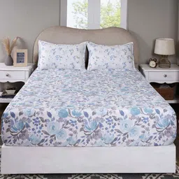 maspar Blue Floral Print 300 TC Cotton Double Bed Fitted Sheet with 2 Pillow Case Sensory Bloom Collection image 1