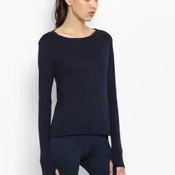 ap'pulse Women Solid Round Neck Pure Cotton Dark Blue T-Shirt image 2