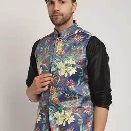 Kaifoo Mandarin Collar Floral Printed Cotton Silk Nehru Jacket image 4
