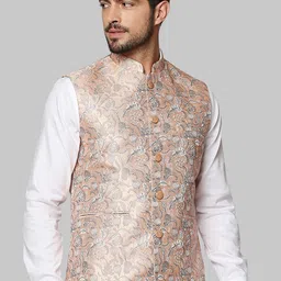 Raymond Men Beige Floral Woven Design Nehru Jacket image 3
