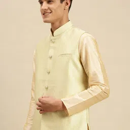 here&now x sanwara Sanwara Men Green Woven Design Art Silk Ethnic Bandi Nehru Jacket image 2