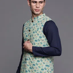Indo Era Sea Green Printed Mandarin Collar Pure Cotton Nehru Jacket image 5