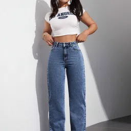 denim look Women Flared High Rise Light Blue Jeans image 5