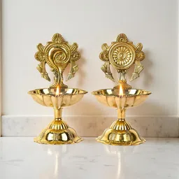 laxa Brass Shanku Chakra Deepak (Set of 2) for Festivals Puja Diwali Navratri Temple Brass (Pack of 2) Table Diya Set image 2