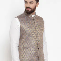 TREEMODA Men Blue & Gold-Coloured Ethnic Motifs Brocade Nehru Jacket image 2