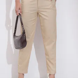 tokyo talkies Women Regular Fit Beige Cotton Blend Trousers-picture-12