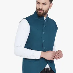 Hypernation Men Teal Blue Asymmetric Cotton Nehru Jacket image 3
