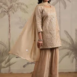 SCAKHI Ethnic Motifs Embroidered Mirror Work Pure Cotton Kurti with Sharara & Dupatta image 4