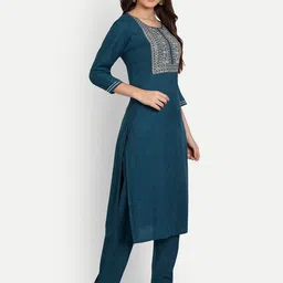 Haute and Humble Women Blue Floral Embroidered Beads and Stones Kurta with Trouser image 3
