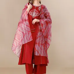 KALINI Embroidered Straight Front Slit Kurta Palazzo & Organza Dupatta Set image 3