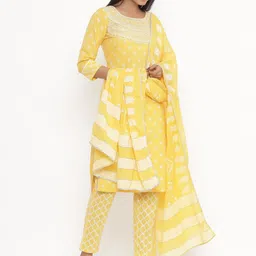 PINKVILLE JAIPUR Women Yellow Ethnic Motifs Printed Layered Pure Cotton Kurta with Trousers & With Dupatta image 3