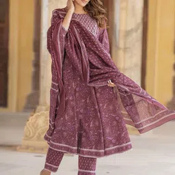 KALINI Ethnic Motifs Printed Pure Cotton Anarkali Kurta With Trousers & Dupatta image 3