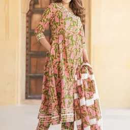 KALINI Floral Embroidered Gotta Patti Angrakha Pure Cotton Kurta with Trousers & Dupatta image 3