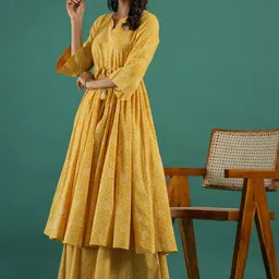 Sangria Yellow Ethnic Motifs Printed Notch Neck Pure Cotton A-Line Kurta With Palazzo image 3