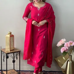 KALINI Ethnic Motifs Embroidered Thread Work Detail Straight Kurta & Trousers With Dupatta image 3