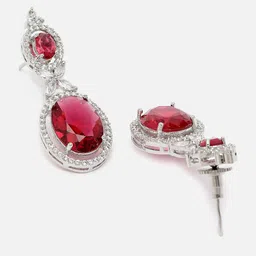 ZENEME Rhodium-Plated American Diamond Studded Oval Shaped Drop Earrings image 5
