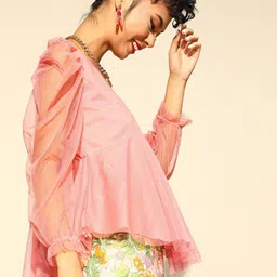 BAESD Puff Sleeve Net High Low Top image 3