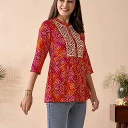 Anouk Fuchsia Bandhani Printed Band Collar Mirror Work Empire Anarkali Kurti image 3
