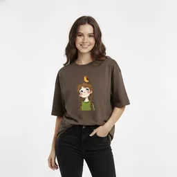 jhajii Women Printed Round Neck Cotton Blend Brown T-Shirt-picture-18