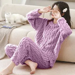 lugo Women Night Suit Set Purple Self Design-picture-24