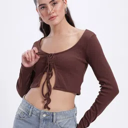glitchez Casual Regular Sleeves Solid Women Brown Top image 2