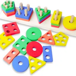 primitoys Wooden Geometric Shape Sorter Stacking Toy for Kids | Color & Shape Learning Toy image 1