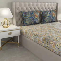 Raymond Home Grey & Yellow Paisley 140 TC Cotton Queen Bedsheet with 2 Pillow Covers image 3