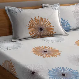 Arrabi Beige & Blue Floral Printed 300 TC King Size Fitted Bedsheet with 2 Pillow Covers image 3