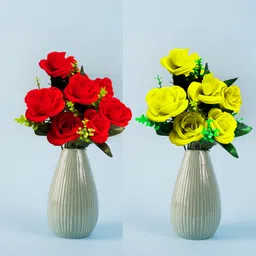 dodecroo Artificial Bunch of yellow and Red Flowers without pot Yellow, Red Rose Artificial Flower-picture-25