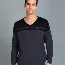 raymond Men Solid V Neck Blue Sweater-picture-15