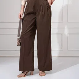 tokyo talkies Women Straight Fit Brown Cotton Blend Trousers image 1