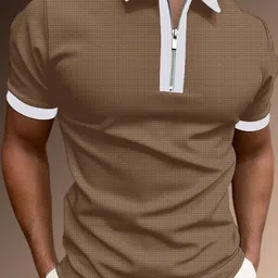 Men Striped Zip Neck Cotton Blend Brown T-Shirt-image-61
