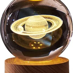 artistic gifts 3D Saturn Crystal Ball Night Light Engraved Table Lamp for Bedroom Wooden Base Night Lamp image 3