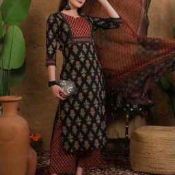 Women Pure Cotton Kurta Palazzo Dupatta Set-image-23
