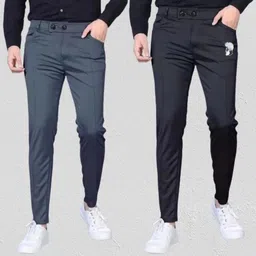 rishi traders Pack of 2 Men Regular Fit Black, Grey Lycra Blend Trousers image 1