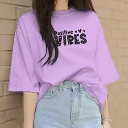 Women Typography Round Neck Pure Cotton Purple T-Shirt-image-22