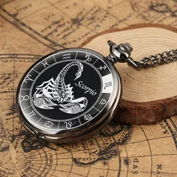 Classic Quirk Royal Gandhi Style Premium Zodiac Theme Scorpio Logo Engraved Key chain with Key Ring Car, Bike for Men & Woman Best Gift Black Metal Pocket Watch Chain-picture-13