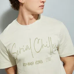 max URB_N Men Printed Round Neck Pure Cotton Beige T-Shirt image 2